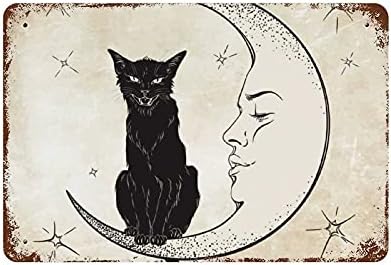 Црна мачка седе на месечина метал ретро wallидни слики што висат слика сите печатени плакета постер железна плоча уметност декоративна