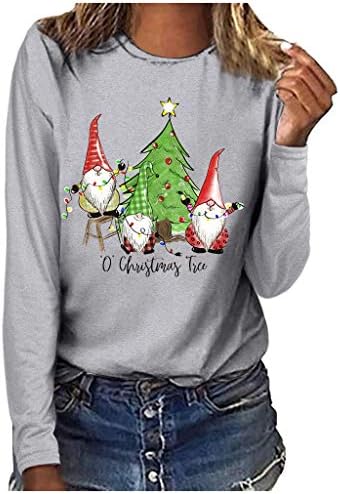 Божиќни маици со долг ракав за жени графички печати маици gnome xmas дрво шема обичен пулвер џемпер врвови на врвови