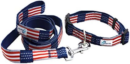 Американско знаме карирано кучиња јака и поставен поводник со тока за брзо ослободување доаѓа во 4 големини - мека, удобна, прилагодлива јака и поводник за средни и ?