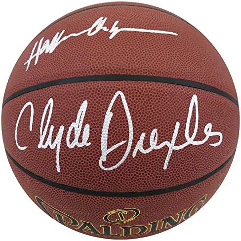 Hakeem Olajuwon & Clyde Drexler Dual потпишан Spalding Spalding Elevation Indoor/Outdoor NBA кошарка - Автограмски кошарка