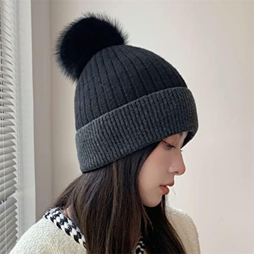Womenените плетени зимски модни сплит капи Haircball Raccoon топла скијачка капа за исечоци, топло капаче измиено потресено