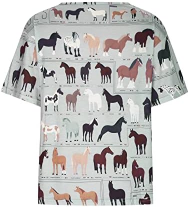 Womenените летни врвови на Западен коњски графички маички со кратки ракави удобни тунични врвни лабави вклопуваат v врат -обични блузи