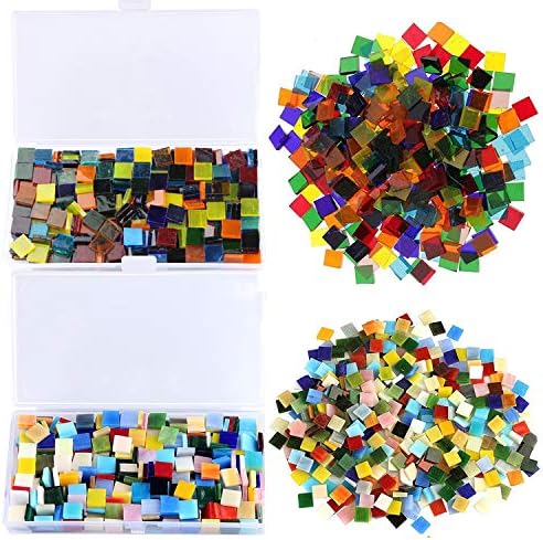 Aunifun 800pcs мешани плочки во мозаик во боја, обоени транспарентни стаклени мозаични парчиња со организаторска кутија за DIY