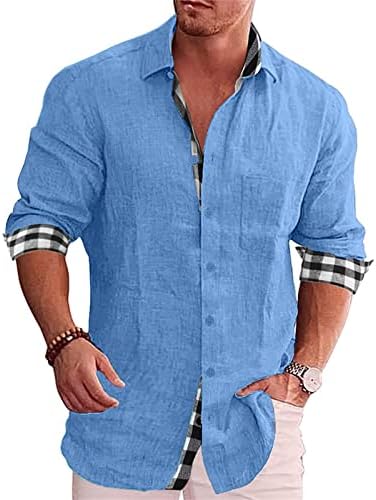 Копче за машка памучна постелнина надолу со кошула со долги ракави со долги ракави на плажа летни кошули случајни редовни врвови на кошула