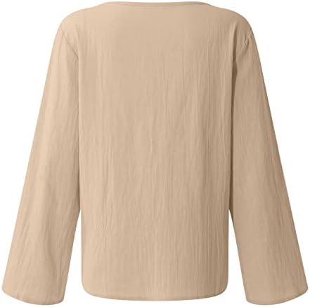 Фрагарни маици за жени обична цврста боја лабава ткаени ткаени долги ракави памучни постелнина маица плус големина на врвови