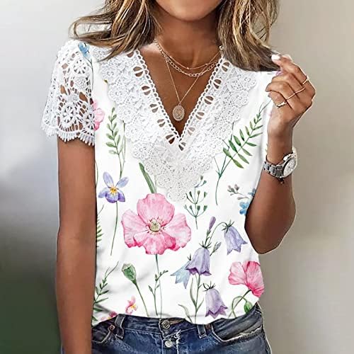 Флорални кошули за жени чипка капчиња исечени модни врвови кратки ракави против маица на вратот лабава лежерна елегантна маичка блузи