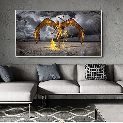 Златна боја Ангелски постер за модерно крило платно уметнички отпечатоци апстрактен ангел со оган куадрос слика за дневна соба