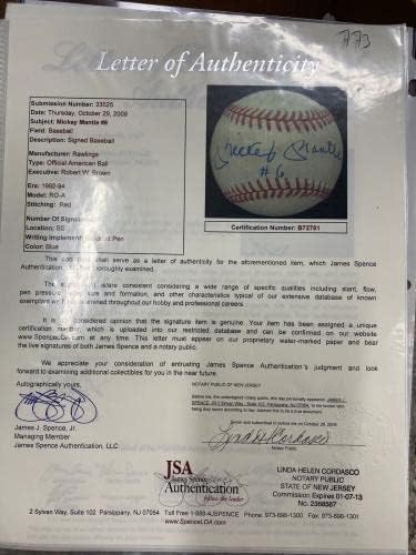Мики Мантл #6 Потпишан бејзбол JSA LOA - Автограмирани бејзбол