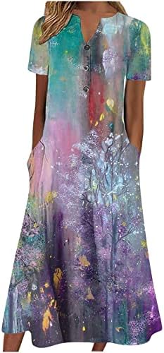 Дами летни фустани 2023 каузална V вратот на копчето Краток ракав Бохо цветен фустан долг фустан со џебови