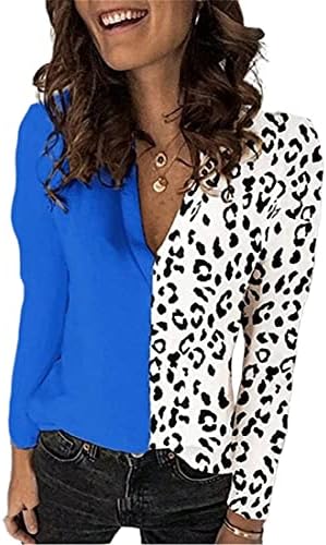 Модни кошули за крпеници од Андонвел, женски обични лабави лабави V-вратот леопард со долги ракави маици врвови