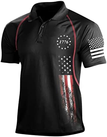 Машки ретро поло -боја блок еластичен спортски мускулен мускул Америка со знаме печатење со кратки ракави кошула врвот