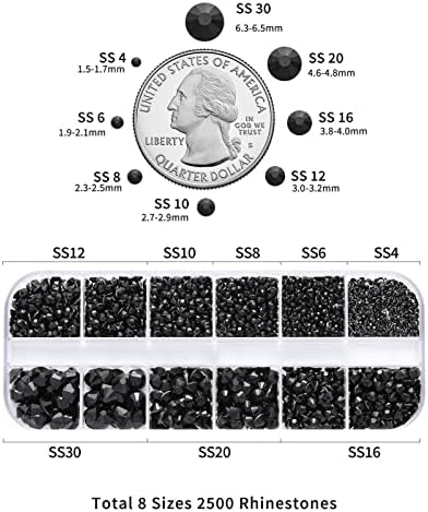 Rhinestones на Beadsland за шминка, 8 големини 2500 парчиња црни рамни ретровизори за лице за занаети за нокти со пинцети и восочен молив, црна, SS4-SS30