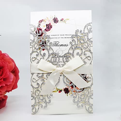Alvestory 50 Silver Glitter Gold Laser исечете ги картичките за покани за венчавки со коверти Покани ја картон со лента за ангажман