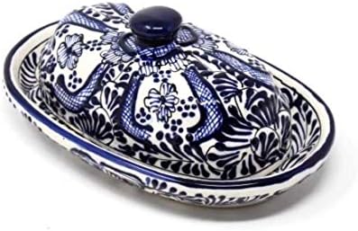 Глобални занаети Encantada рачно изработени рачно насликани автентични мексикански керамика, чинија со путер со капак, кобалт