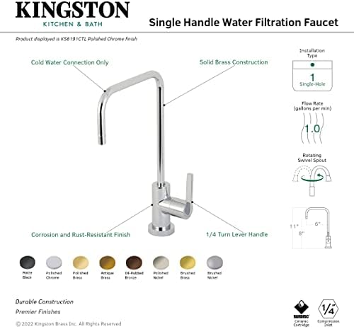 Кингстон месинг KS6197CTL Континентална тапа за филтрирање на вода со една рачка, четкан месинг