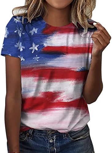 Патриотски кошули за жени во САД знаме летен краток ракав за маички со врата од врата од вратоврска, лабава вклопена куќички
