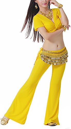Farlenoyar женски стомак танц Топ + панталони јога панталони кратки ракави со врата од вратот со вратот
