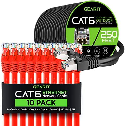 GearIT 10Pack 2ft Cat6 Етернет Кабел &засилувач; 250ft Cat6 Кабел