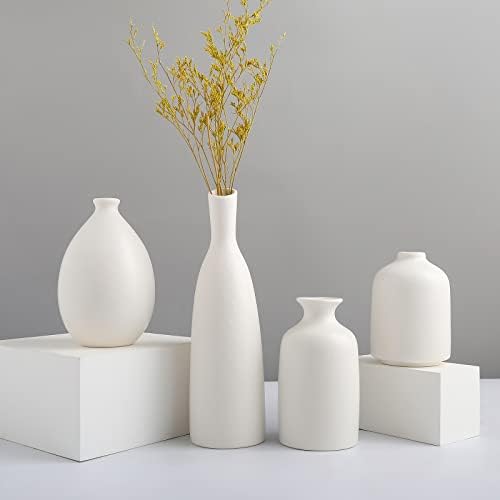Joynisy бела керамичка вазна сет од 4, класични мат вазни дома украси за табела за канцелариски декор, украси за домаќинство,