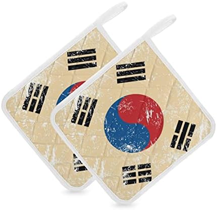 Ретро, ​​држачи за тенџере со знаме на Јужна Кореја, отпорни на топлина, топли влошки за готвење кујна со 2 парчиња сет