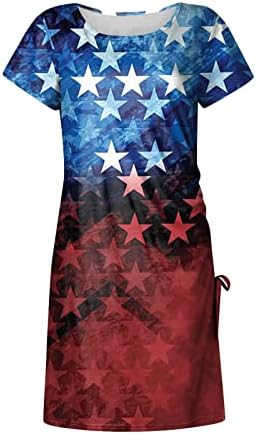 4 -ти јули маички фустан жени кратки ракави патриотско американско знаме екипаж миди фустан летен дел од телото на телото на