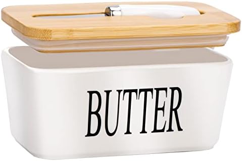 Чинија со путер со капак и нож, херметички бел сад со путер од порцелан, големо складирање на керамички путер со запечатување