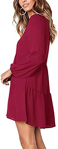 Женски длабок v врат фустан фустан лабава цврста боја со долга ракав облечен обичен туничен течен мини замав фустани
