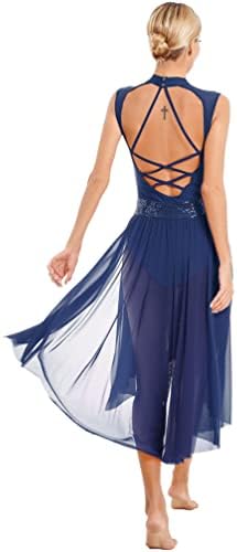 Yizyif Womenените лирски танц фустан модерно современа танцувачка облека, исмејувајте ги вратите на вратот, леотард мрежа tulle