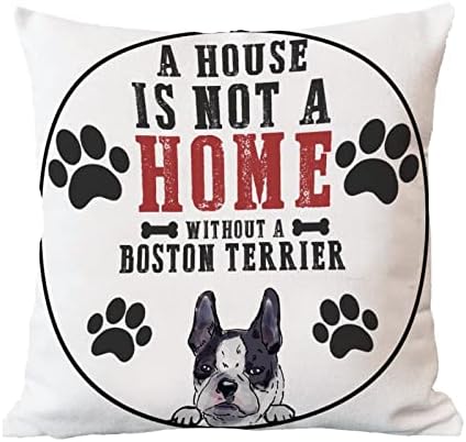 Кученце куче животно перница покритие Бостон териер фрлање перница куќа не е дом без кучиња фрлаат перници 16x16in бели постелнина