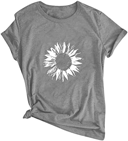 Lcepcy женски кратки ракави маица сончоглед печатени модни обични маички лабави се вклопуваат во основните кошули од вратот
