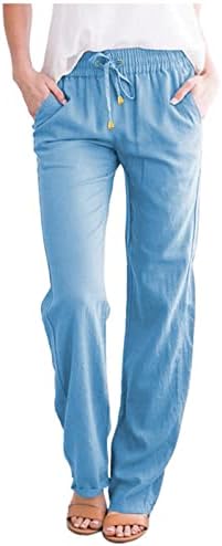 Обични летни постелнини панталони за жени широки нозе панталони со џебови лабави се вклопуваат чиста боја панталони со панталони