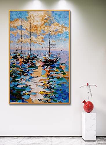 Рачно насликано сликарство со морско поврзување со масло на платно, вклучени комплети за рамки, сина, 80х100 см