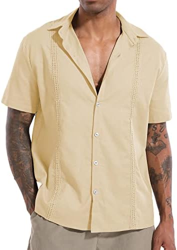 Nmglhnm Mens Casual памучен постелнина со кратки ракави со кратки ракави надолу во кубански кошули со летна плажа кошула