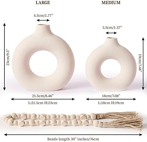 Волн керамички вазни за сет на украси за домови - 2 модерен круг шупливи крофни вазни, 1 сет од дрвена мониста венец Бохо нордиска