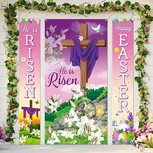 3 Парчиња Среќен Велигденски Украси Велигденска Врата Покритие Тој Е Воскреснат Трем Банер Религиозна Велигденска Врата Знак