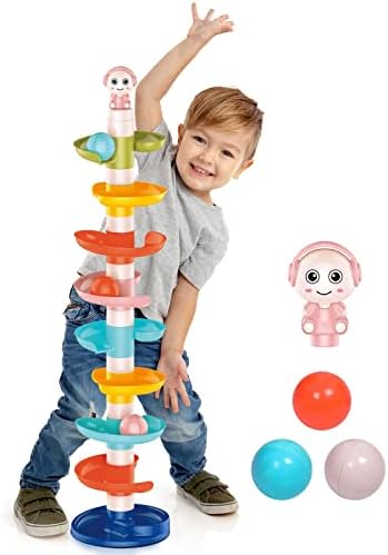 Забава Мала играчки за топки играчки за мали деца 1-3, 9 слој ролна со вртење топка кула со 3 топки, рампа за топка за развој