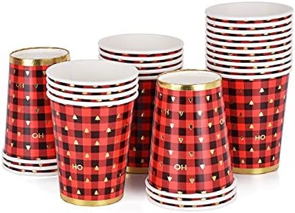 Божиќни Чаши, Соберете Црвена И Црна Карирана Златна Новогодишна Елка Хартиени Чаши За Еднократна Употреба За Украси За Божиќни