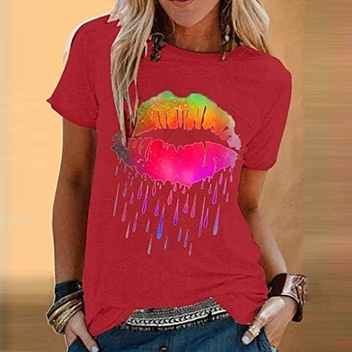 Womenените летни случајни шарени усни печати кратки ракави на база маица маица маички блузи врвови
