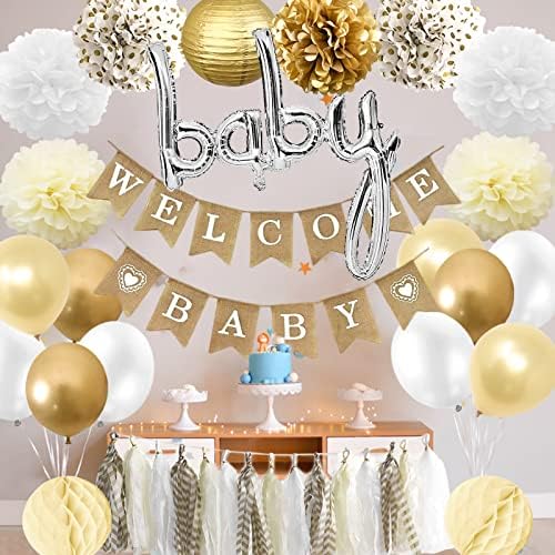 Рустикални украси за туширање за бебиња Неутрални за момче девојче, Бурлап добредојде бебе банер со хартиена фенер ткиво Помпоми