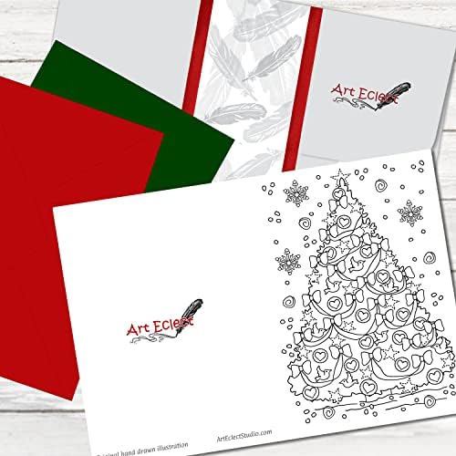 АРТ ЕКЛЕКТСКИ КАРТИ ЗА боење на Божиќ за возрасни, 20 картички со 20 уникатни дизајни, вклучени се 10 црвени и 10 зелени коверти
