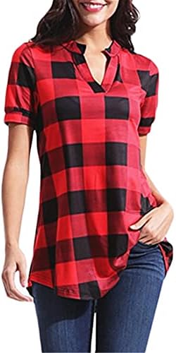 Andongnywell жени кратки ракави обични карирани карирани V-вратот лабава кошула врвна костумска блуза Туника маици маици маици