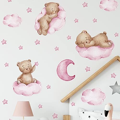 Tedyвезди на мечка Месечина на налепници на wallидови од месечина, розови wallидни решенија за расадник детска соба дневна соба