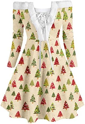 Божиќно дрво карирано блок во боја, разнесен мини фустан моден проток жени со долги ракави, пад кошула тунична обична здолниште